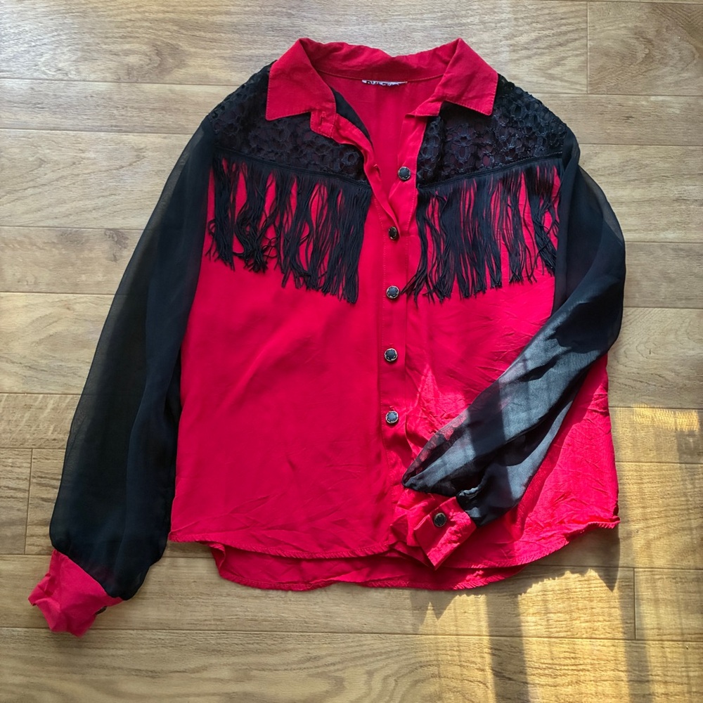 Red and Black Fringe Button-Up Shirt